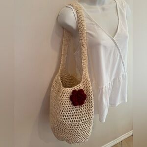 NWOT Handcrafted Cream Crochet Market Bag with Burgundy Accent Flower/Sun/Boho